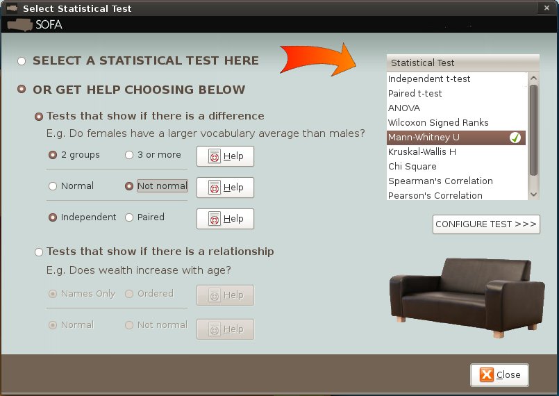 Statistics test selection dialog